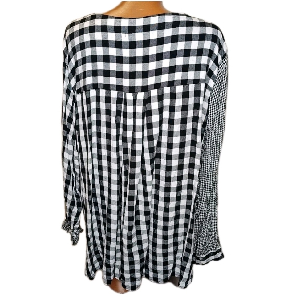 Fourteen Place Tasseled Tie Wrap Shirt Woman XL Black Patchwork Plaid Preppy New - Picture 3 of 13